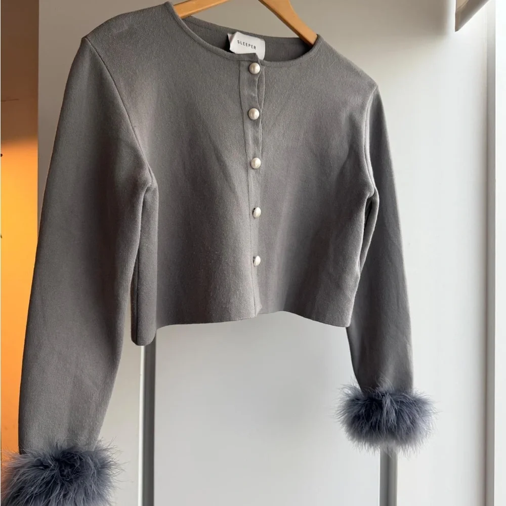 Sleeper Gray Cropped Cardigan with Faux Fur Cuffs - Picture 2 of 4